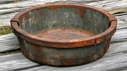 Fototapeta premium A rusted metal basin rests on weathered wooden planks outside