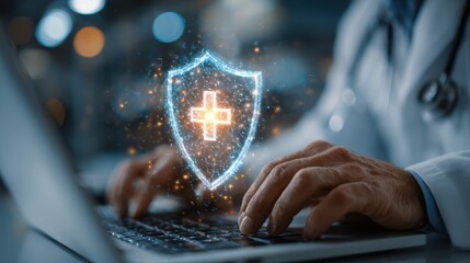 A doctor typing on a laptop, with a glowing shield symbolizing cybersecurity and data protection in healthcare