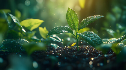 Close-Up Of Green Sapling Sprouting From Rich Soil With Dew-Covered Leaves.