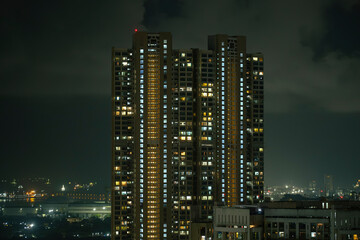 Cinematic view of Mumbai city at night. Mumbai's iconic financial district with this stunning cityscape view. Shot of Mumbai Skyline, high-rise buildings at South Mumbai, Maharashtra India.