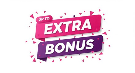 Promotional graphic with extra bonus text on pink and purple banners design