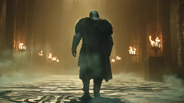 A viking walking through a ruin castle