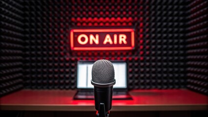 Mic in a recording studio with an "ON AIR" sign illuminated in red light.
