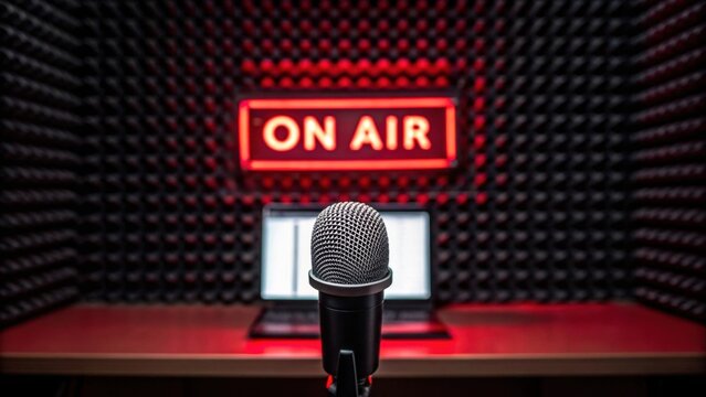 Mic in a recording studio with an "ON AIR" sign illuminated in red light.