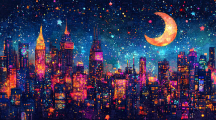 Pixelated Art Of City Skyline At Night With Glowing Windows And Neon Signs.