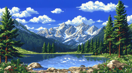 Pixelated Art Of Serene Mountain Landscape With Trees Lakes And Clouds.