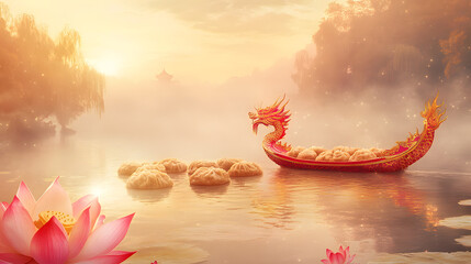Traditional Dragon Boat On Misty River At Dawn With Lotus Flowers And Rice Dumplings.