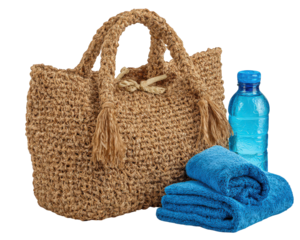 Stylish beach bag made of natural fibers, filled with vibrant towels and refreshing water bottle, perfect for day at beach. This setup evokes sense of relaxation and summer fun