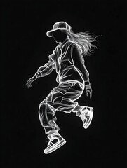 A dynamic illustration features a female figure in streetwear, captured mid-air with artistic linework against a black backdrop.