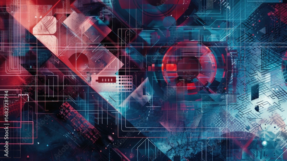 Poster abstract of digital shape and particle with horror cyber style design connecting become system shape