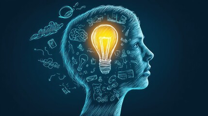 This artistic illustration features a human head with a glowing lightbulb, symbolizing ideas and thoughts, creative concepts.