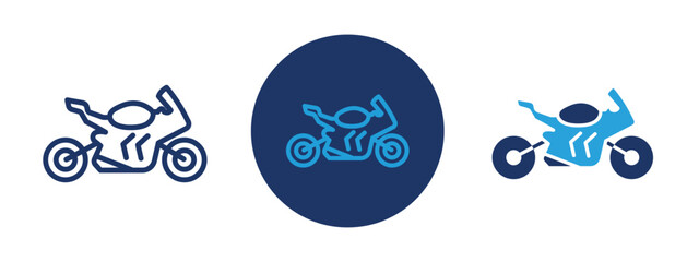 Set of 5 pixel perfect colored Motorcycle icon with 1 unexpanded, 1 silhouette,  Side view of a motorbike showing wheels, seat, and handlebar.