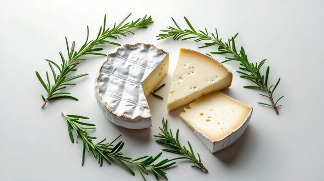 Tasty pieces of camembert cheese alongside rosemary on a white backdrop