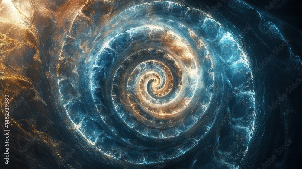 Poster spiral layers, each layer spinning and interlocking with the others in a seamless flow of color and 