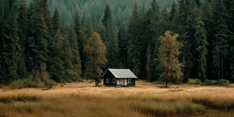 A solitary cabin nestled in the forest, captured in a high-resolution panoramic shot perfect for landscape visuals. 