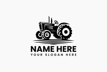 Classic black silhouette of vintage farm tractor with large rear wheels isolated on white background. Agriculture equipment concept