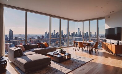 Large white sectional sofa is in a living room with a view of the water. The room is well-lit and has a modern, clean look