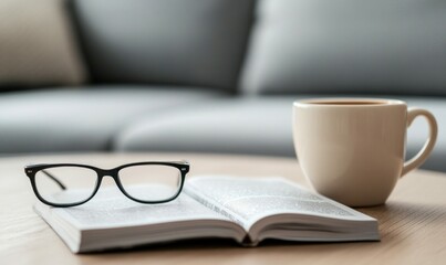 Fototapeta premium A book, eyeglasses, and a coffee cup rest on a wooden table indoors near a couch, creating a cozy and relaxing atmosphere.