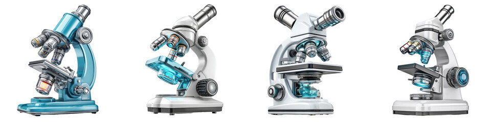 Fototapeta premium Microscope with tilted head and visible lens, Concept of scientific learning and detailed observation, isolated on Transparent background