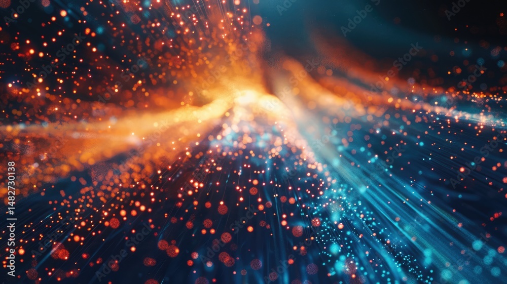 Poster abstract picture micro light sparkling particle represent data flow vivid flowing wave with high tec