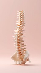 Fototapeta premium A detailed anatomical model of a human spine is set against a soft, pink background, highlighting the intricacies of the skeletal structure.