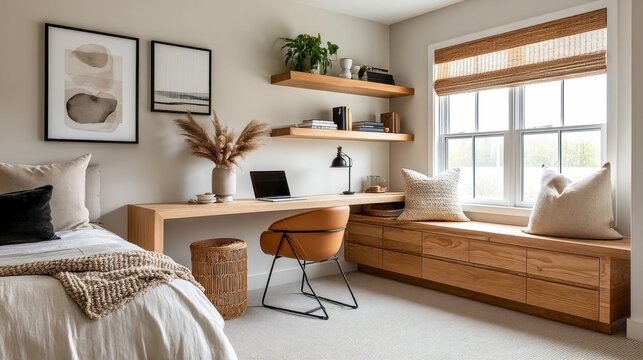 A cozy, well-lit home office and bedroom combo features a stylish desk, comfortable chair, and calming decor. Natural light floods in from the window.