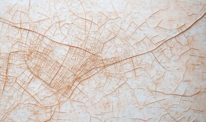 A detailed, abstract map with a textured, tactile appearance. The design showcases a network of streets and urban planning. Its color palette is minimalistic.