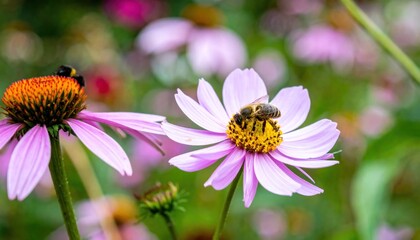 Obraz premium Bees Gathering Nectar on Vibrant Flowers in a Lush Garden Setting, summertime