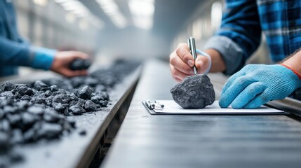 A worker is inspecting a sample of coal, wearing gloves, and using a pen to make notes on a clipboard in a factory setting.