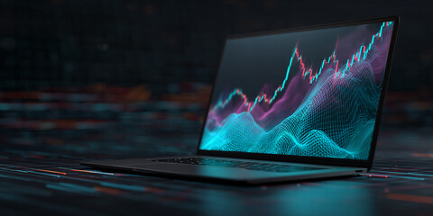 Laptop displaying a dynamic 3D graph, showcasing data visualization and technological advancement, symbolizing modern finance or analytics