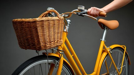 Obraz premium A close-up shot of a stylish yellow bicycle with a wicker basket, captured against a soft gray backdrop. The handlebars are being held.