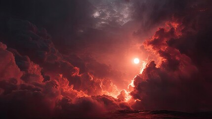 Fototapeta premium Red moon behind black clouds above dark smoky flames concept. Dramatic sunset clouds create a stunning visual impact in nature.