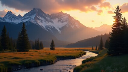 Scenic mountain landscape with a winding river flowing through a grassy meadow at sunset