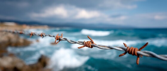 Obraz premium Rusty barbed wire juxtaposed against turbulent ocean