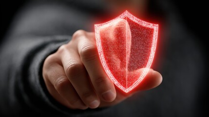A hand holding a glowing red shield, symbolizing enhanced cybersecurity defense against digital threats