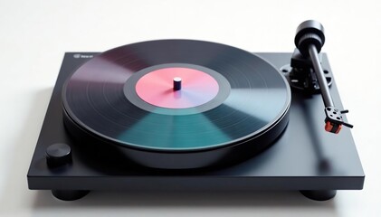 Single turntable on white background, needle down, retro technology, music equipment, record