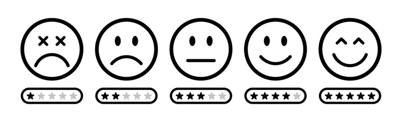 Smiley face icons showing feedback levels with star ratings. Customer satisfaction scale from very bad to excellent. Colorful emojis for review, survey, and user experience design. vector, symbol.