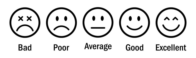 Feedback scale with five emoticons from sad to happy. Perfect for surveys, reviews, customer satisfaction, evaluation. Flat vector design on white background. Emoji, feedback, icons.