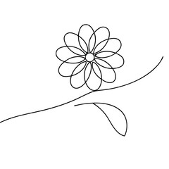 Simple minimal style flower with stem and leaf in black line drawing