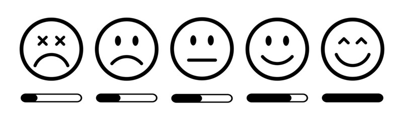 Outlined black emoticons showing customer satisfaction levels from poor to excellent with progress bars. Perfect for surveys, feedback, reviews, and rating forms. Feedback, rating.