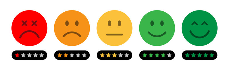 Smiley face icons showing feedback levels with star ratings. Customer satisfaction scale from very bad to excellent. Colorful emojis for review, survey, and user experience design. Feedback, emoji.