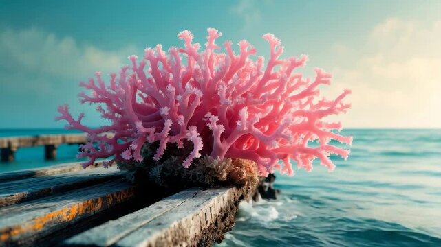 On a pier, a pink soft coral colony flourishes