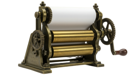 Antique metal printing press machine with paper roll isolated PNG with Transparent Background
