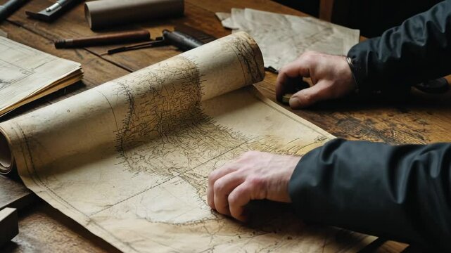 Exploring antique maps: hands unrolling and examining vintage cartography