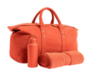 Stylish beach bag in vibrant orange, accompanied by matching towels and water bottle, perfect for day at beach or poolside relaxation. This set exudes cheerful and energetic vibe