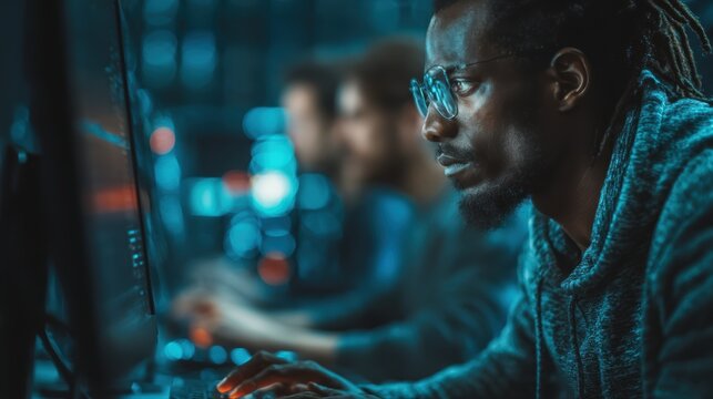 A team of cybersecurity experts implementing blockchain solutions to enhance data security and system protection