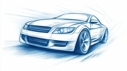 Fototapeta premium A detailed artistic sketch of a modern sports car, rendered in shades of blue against a white background, perfect for design.