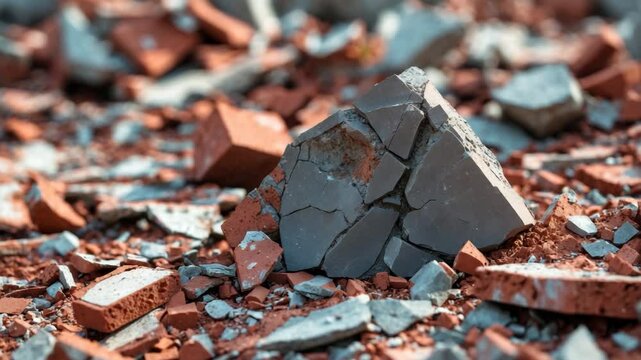 Detailed view of fragmented red bricks, crushed clay brick pieces, uneven textures, rustic fragments, aged material, disintegrated stones, industrial debris.
