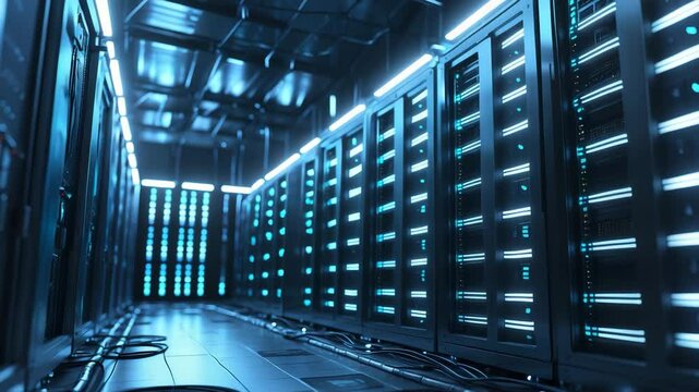 Data center storage in a dark server room featuring blue lighting