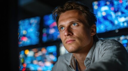 A cybersecurity professional monitoring the integrity of information systems in a dark, high-tech control room